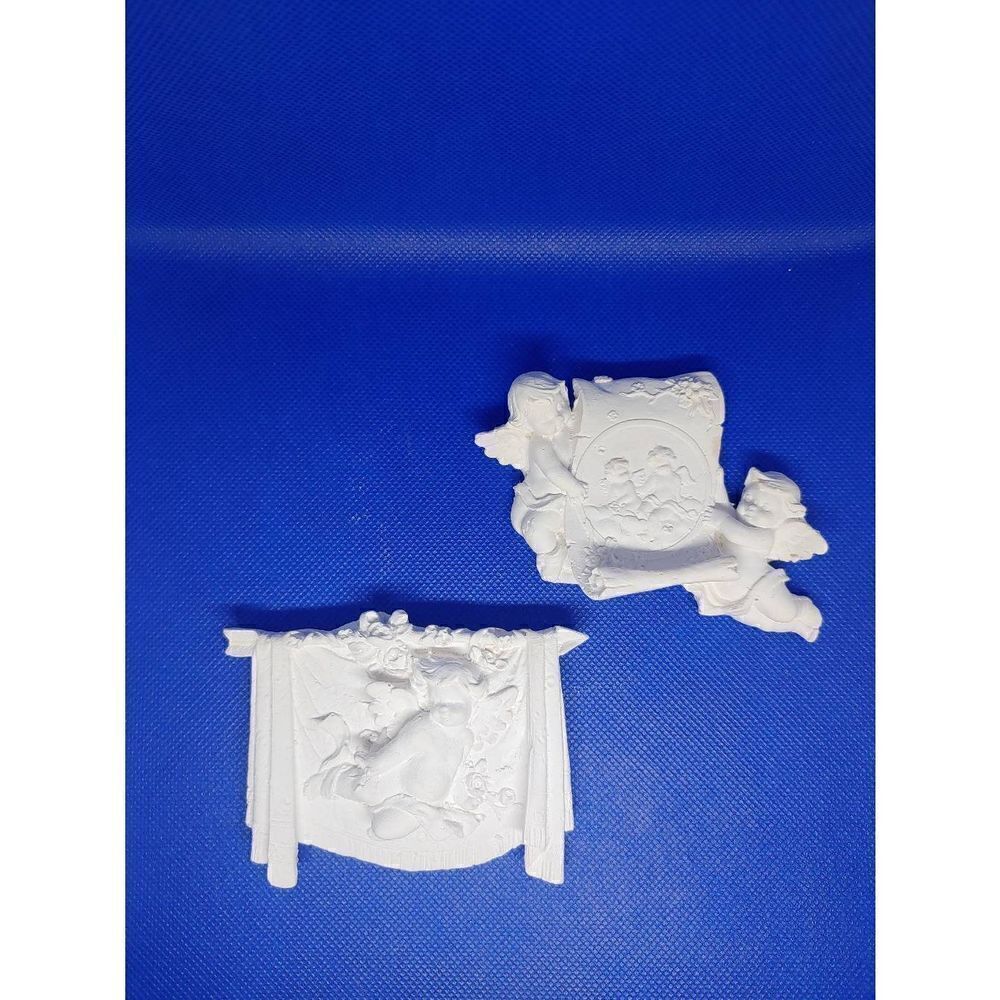 Raw Plaster Set Of 2 Cherubs W/ Scroll & Cherub Behind Curtain